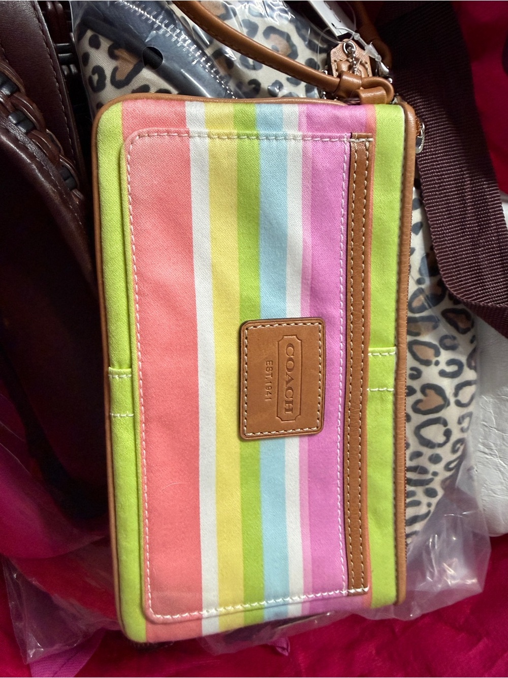 NWT rare Coach Multicolor Stripe Wristlet in Coral, Pink, Lime, Blue & White